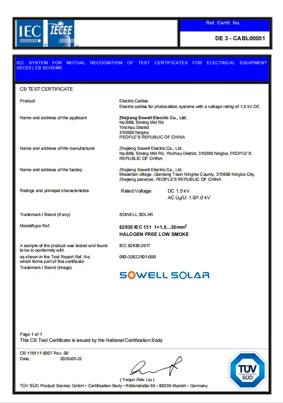 I cavi fotovoltaici SOWELLSOLAR ricevono il riconoscimento della certificazione TÜV SÜD IECEE-CB